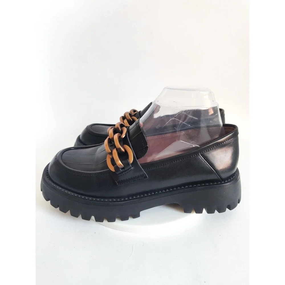 Beau Today Platform Loafers 6.5 Black Leather Chain Lug Sole Dark Academia Goth